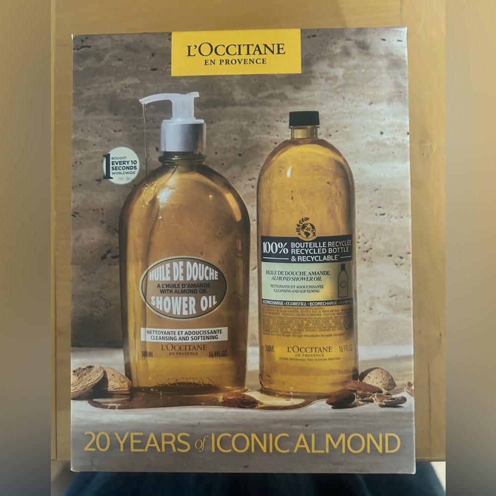 L'Occitane Almond Shower Oil and Refill Set 16.9 Oz./500 ml each NWOT